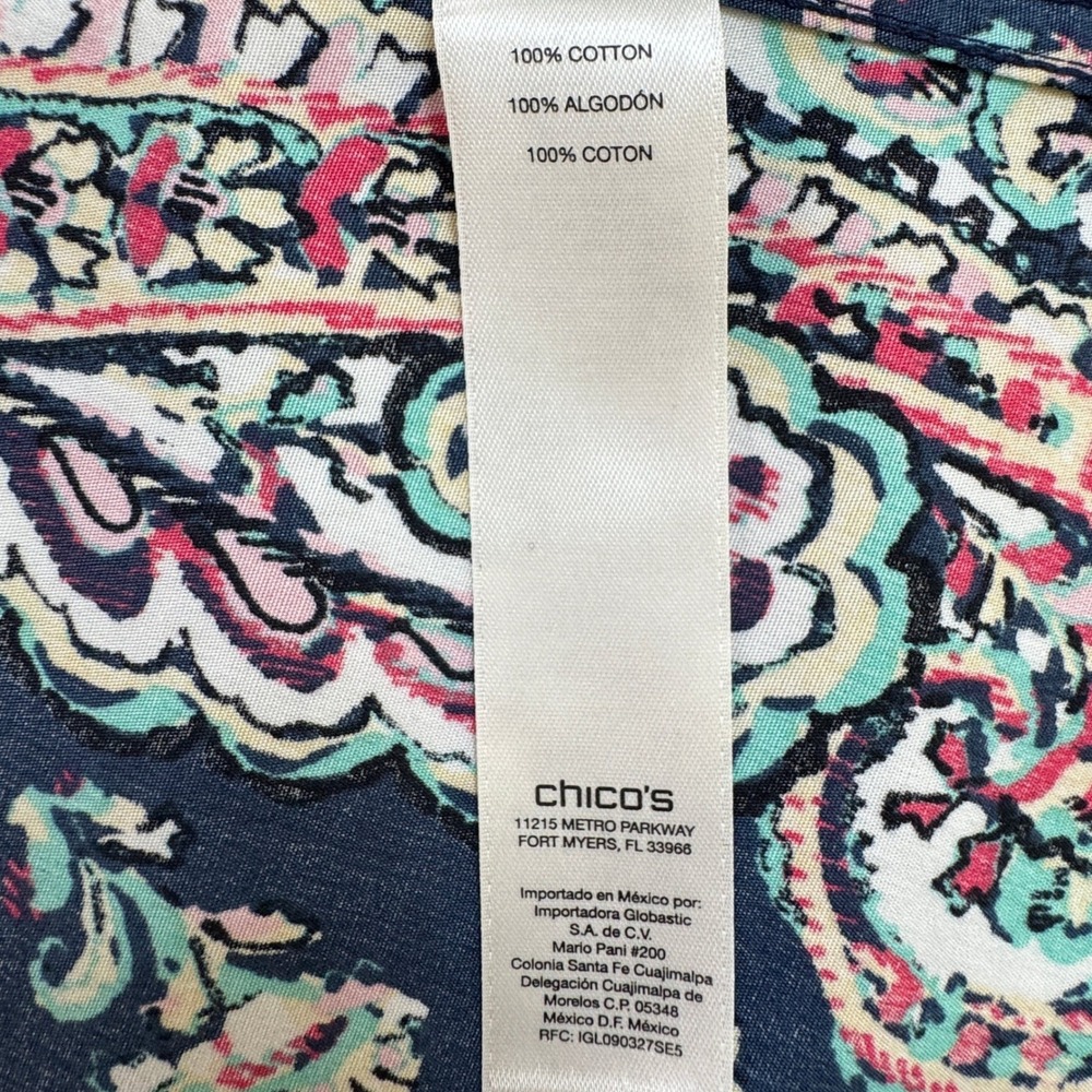 Chico's Paisley Button up Shirt Size 1 Navy Blue No-Iron Cotton Long Sleeve - Picture 6 of 9